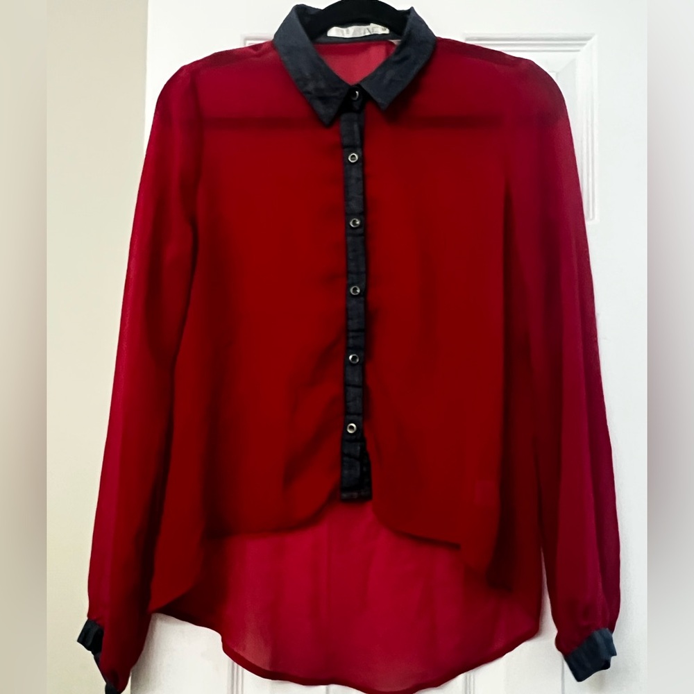Have Red Sheer Blouse with dark blue denim Accents